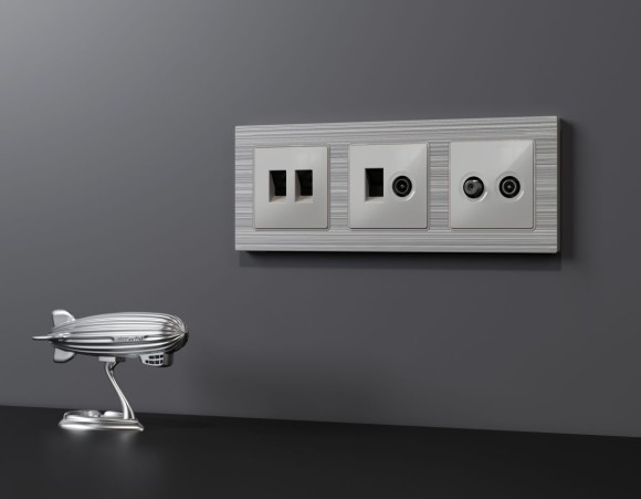 Лицевая панель Alfa (Серебро глянец) для компьютерной/телефонной двойной розетки RJ-45/RJ-11 Quant Ambrella Volt AP4121