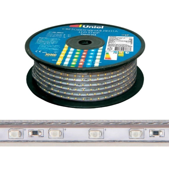 Светодиодная лента Uniel ULS-2835-60LED/m-10mm-IP67-220V-8W/m-50M-BLUE бобина