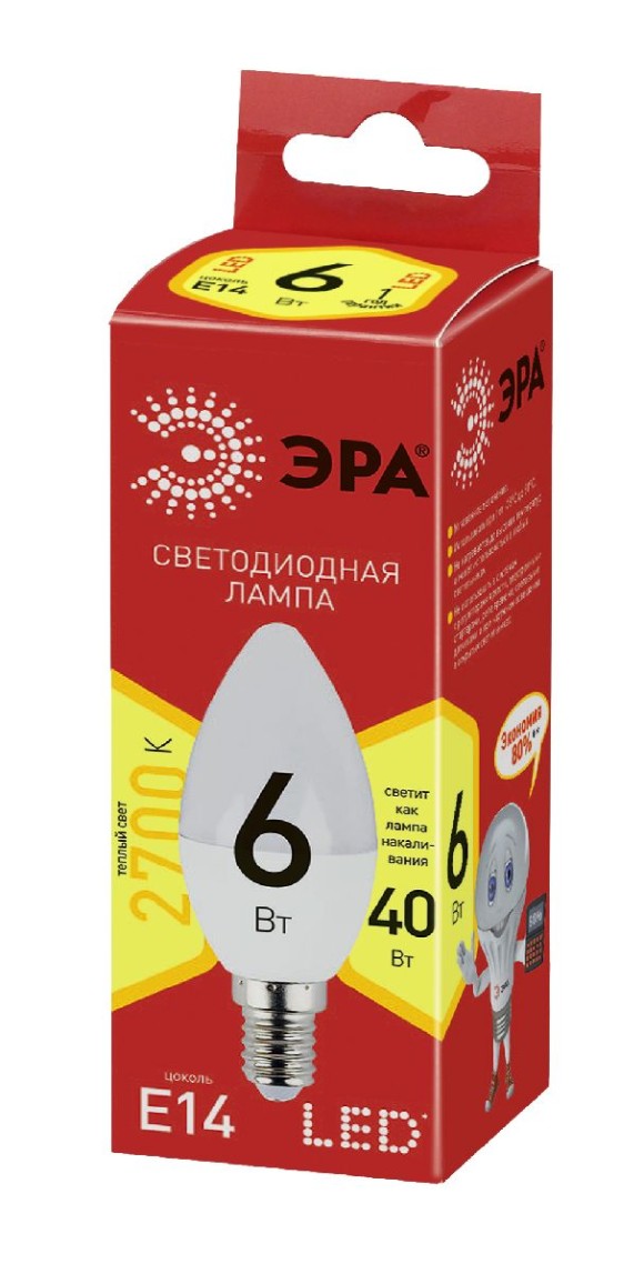Лампа светодиодная Эра E14 6W 2700K ECO LED B35-6W-827-E14 Б0020618