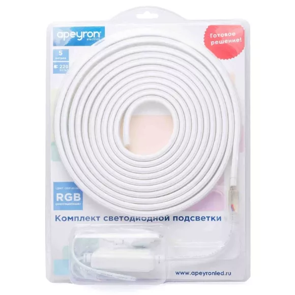 Комплект светодиодной ленты Apeyron 220В 12Вт/м smd5050 60д/м IP65 5м RGB (сетевой шнур, контроллер, заглушка, крепежи) 10-52 Комплект светодиодной ленты Apeyron 220В 12Вт/м smd5050 60д/м IP65 5м RGB (сетевой шнур, контроллер, заглушка, крепежи) 10-52