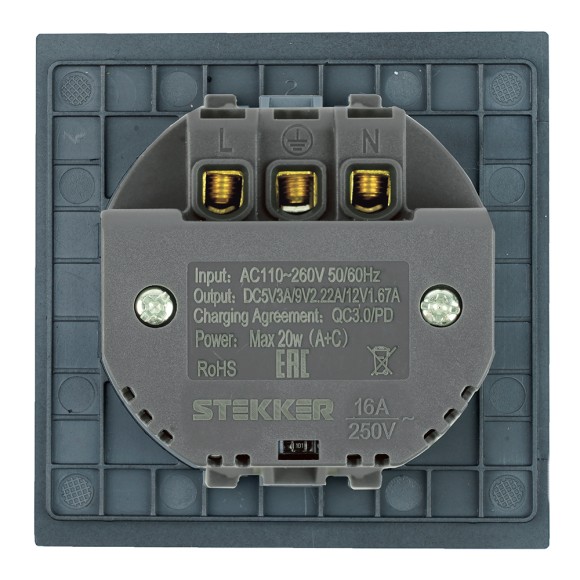 Розетка 1-местная з/ш с/з 16А + USB + Type C (механизм) Stekker Мия 250В 20W RST16-3119-05 черный бархат 50452