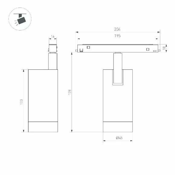 Трековый магнитный светильник Arlight MAG-ORIENT-SPOT-R45-12W Day4000 (BR, 24 deg, 48V) 042259, вид сбоку Трековый магнитный светильник Arlight MAG-ORIENT-SPOT-R45-12W Day4000 (BR, 24 deg, 48V) 042259, вид сбоку