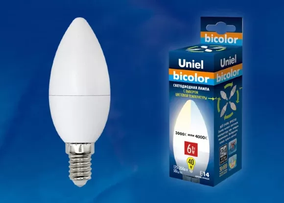 Лампа светодиодная (UL-00001570) Uniel E14 6W 4000K матовая LED-C37-6W/WW+NW/E14/FR PLB01WH, Нейтральный белый, Китай