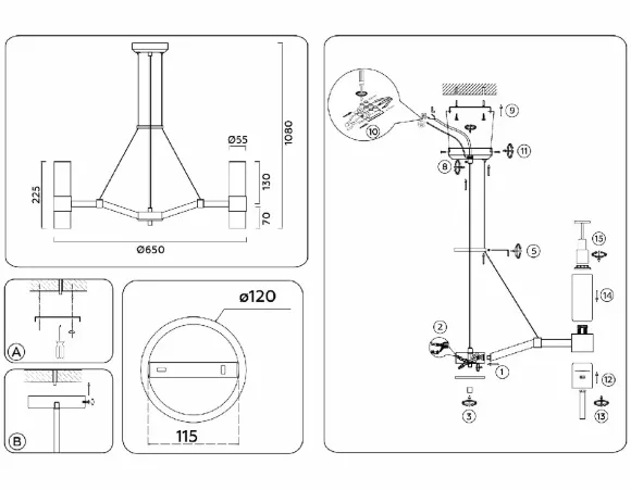 Подвесная люстра Ambrella Light High Light Heigh Light LH55114, Латунь, Белый, Металл, крепление
