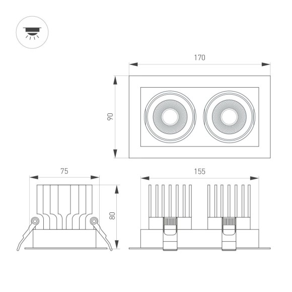 Встраиваемый светильник Arlight MS-VORTEX-BUILT-S170x90-2x12W Day4000 (WH-WH, 20 deg, 230V) 057770