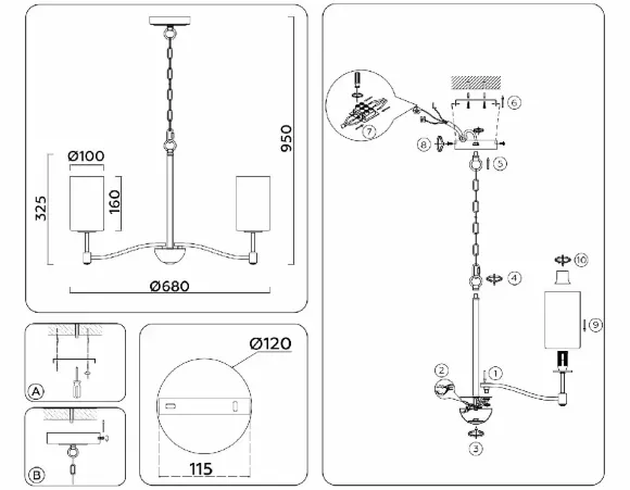 Подвесная люстра Ambrella Light High Light Heigh Light LH56053, Латунь, Белый, Металл, крепление Подвесная люстра Ambrella Light High Light Heigh Light LH56053, Латунь, Белый, Металл, крепление