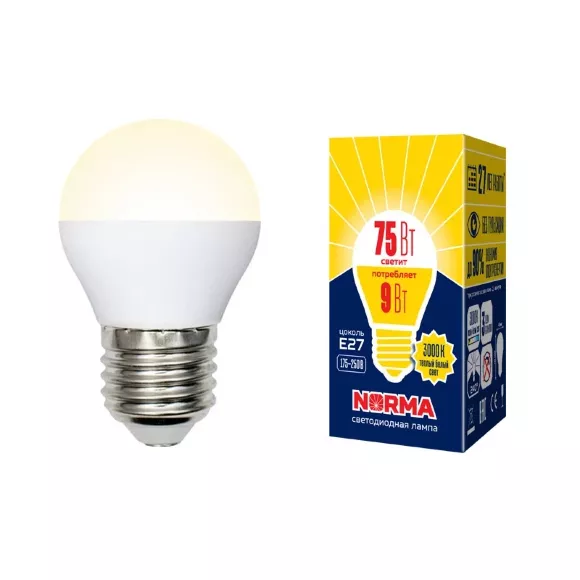Лампа светодиодная (UL-00003829) Volpe E27 9W 3000K матовая LED-G45-9W/WW/E27/FR/NR, Теплый белый, Китай