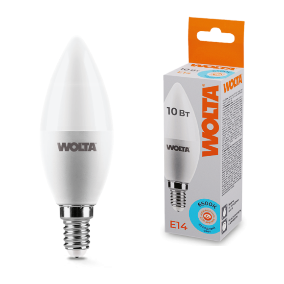 Светодиодная лампа WOLTA 10Вт 6500K E14 свеча матовая 25WC10E14