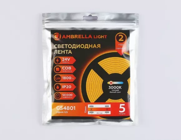 Светодиодная лента Ambrella Light Illumination COB 616Led/19W m/ 24V IP20 3000K/ 5m*12mm*2mm (2 конт.) GS4801 Светодиодная лента Ambrella Light Illumination COB 616Led/19W m/ 24V IP20 3000K/ 5m*12mm*2mm (2 конт.) GS4801