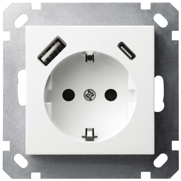 Розетка SHUKO Jasmart с USB тип A-C с защитными шторками 25W 16A 250V 2P+T белый глянцевый G5501USB-25W