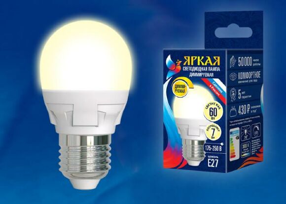 Лампа светодиодная диммируемая (UL-00004303) Uniel E27 7W 3000K матовая LED-G45 7W/3000K/E27/FR/DIM PLP01WH Лампа светодиодная диммируемая (UL-00004303) Uniel E27 7W 3000K матовая LED-G45 7W/3000K/E27/FR/DIM PLP01WH