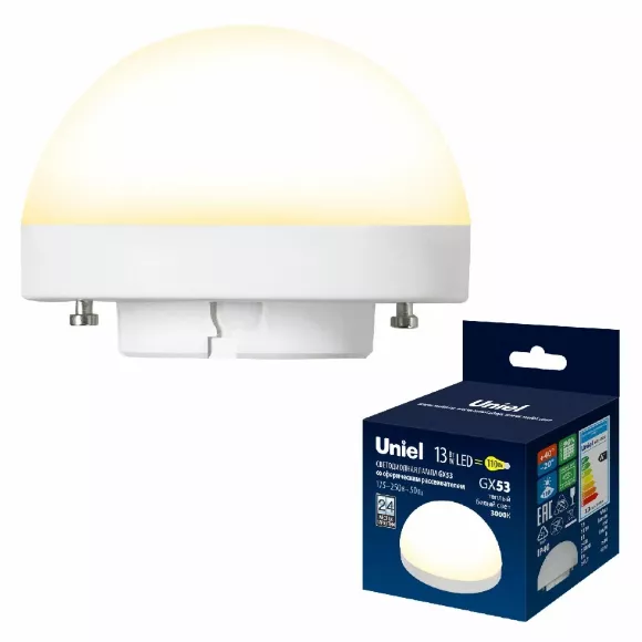 Лампа светодиодная Uniel LED-GX53-13W/3000K/GX53/FR/SPHERE PLZ02WH UL-00011790, Теплый белый Лампа светодиодная Uniel LED-GX53-13W/3000K/GX53/FR/SPHERE PLZ02WH UL-00011790, Теплый белый