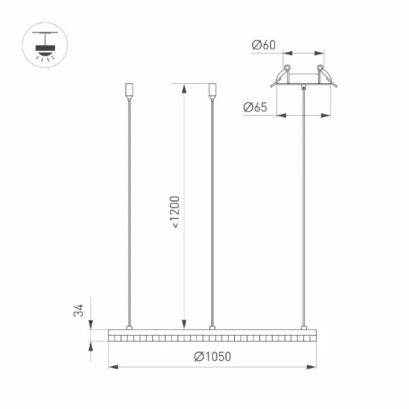 Схема размеров подвесная люстра Arlight SP-DIAMOND-R1050-60W Day4000 (BK, 45 deg, 230V, TRIAC) 054489