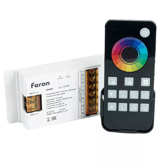 Контроллер RGB с пультом, таймером и визуализатором звука Feron LD483 12-24-48V 52098 Контроллер RGB с пультом, таймером и визуализатором звука Feron LD483 12-24-48V 52098