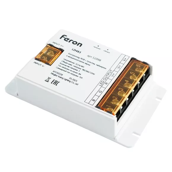Контроллер RGB с пультом, таймером и визуализатором звука Feron LD483 12-24-48V 52098 Контроллер RGB с пультом, таймером и визуализатором звука Feron LD483 12-24-48V 52098