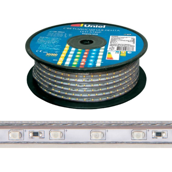 Светодиодная лента Uniel ULS-2835-120LED/m-10mm-IP67-220V-10W/m-50M-3000K бобина