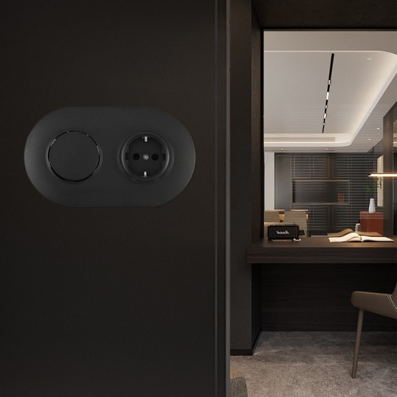 Выключатель круглый одноклавишный с розеткой с/з и шторками Arte Milano SET08-2-40-1-30-1 black