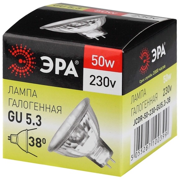 Лампа галогенная Эра GU5.3 50W 3000K GU5.3-JCDR (MR16) -50W-230V-CL C0027365