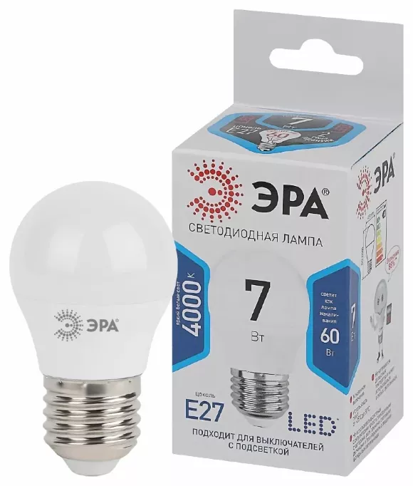 Лампа светодиодная Эра E27 7W 4000K LED P45-7W-840-E27 Б0020554, Нейтральный белый, Россия Лампа светодиодная Эра E27 7W 4000K LED P45-7W-840-E27 Б0020554, Нейтральный белый, Россия