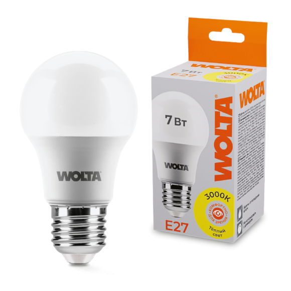 Светодиодная лампа WOLTA 7Вт 3000К E27 груша матовая 25Y55BL7E27