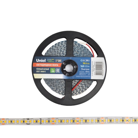 Светодиодная лента Uniel ULS-2835-168LED/m-10mm-IP20-DC24V-14W/m-5M-3000K катушка в герметичной упаковке