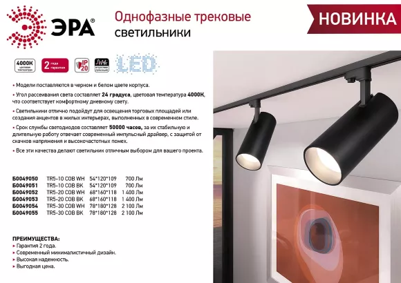 Трековый однофазный светильник ЭРА TR5-30 COB WH Б0049054, Современный, Белый Трековый однофазный светильник ЭРА TR5-30 COB WH Б0049054, Современный, Белый