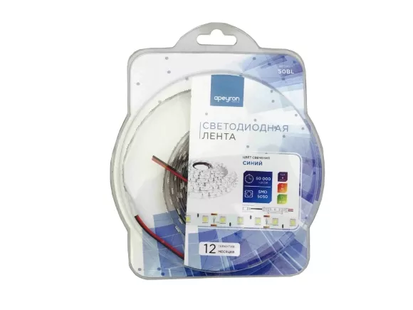 Светодиодная лента Apeyron 12В СТ 14,4Вт/м smd5050 60д/м IP20 5м синяя 50BL Светодиодная лента Apeyron 12В СТ 14,4Вт/м smd5050 60д/м IP20 5м синяя 50BL