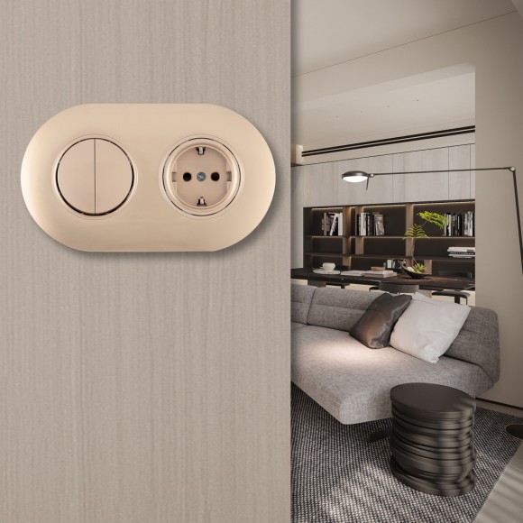 Выключатель круглый двухклавишный с розеткой с/з и шторками Arte Milano SET08-2-40-1-30-2 shampan