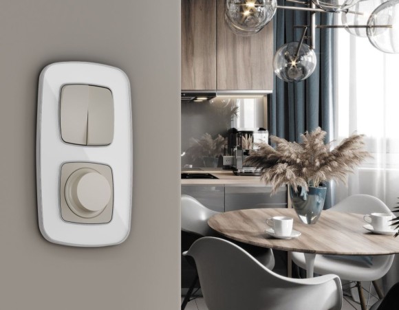 Комплект механизма 2-клавишного перекрестного выключателя Ambrella Volt 10A-250V OMEGA MO363030 Серо-бежевый матовый QUANT (OP3630, VM125)