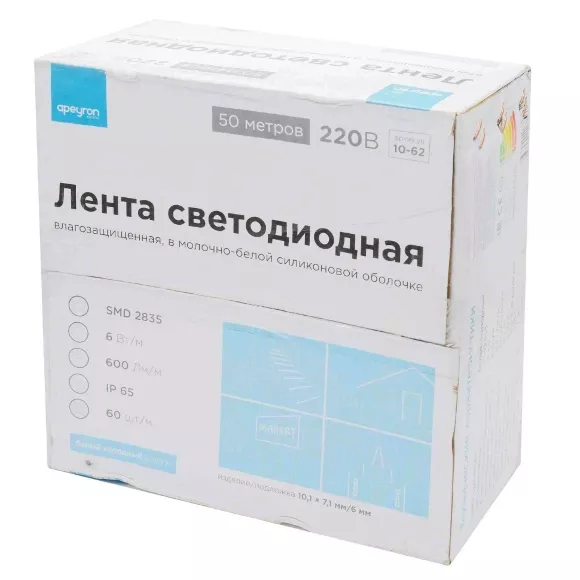 Светодиодная лента Apeyron 220В СТ 6Вт/м smd2835 60д/м IP65 600Лм/м 50м 6500К 10-62 Светодиодная лента Apeyron 220В СТ 6Вт/м smd2835 60д/м IP65 600Лм/м 50м 6500К 10-62