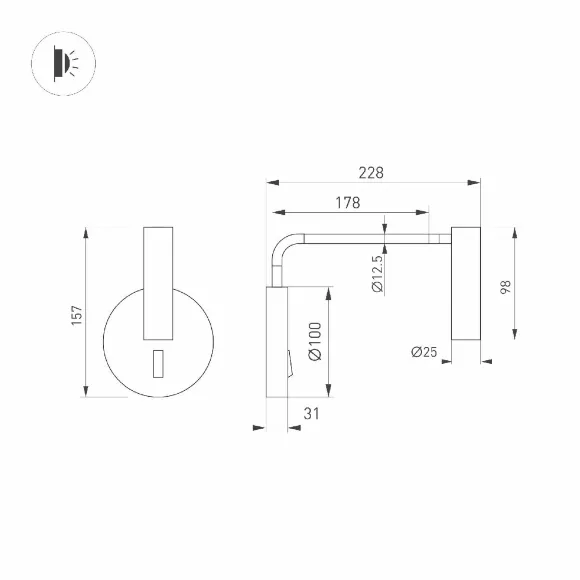 Схема размеров бра Arlight SP-VERDI-LONG-WALL-3W Warm3000 051666