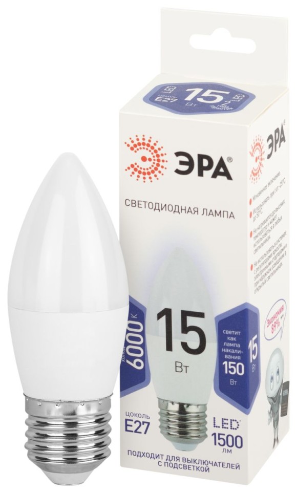 Лампа светодиодная Эра STD LED B35-15W-860-E27 6500K свеча