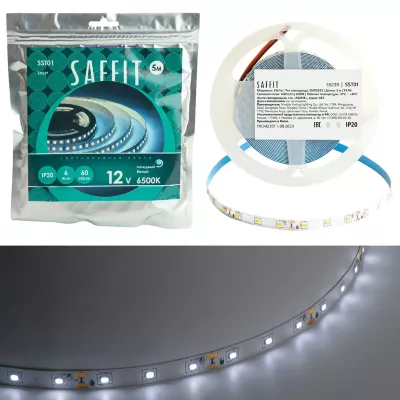 Светодиодная лента Saffit SST01 12В 6Вт/м 6500К 5м IP20 55239