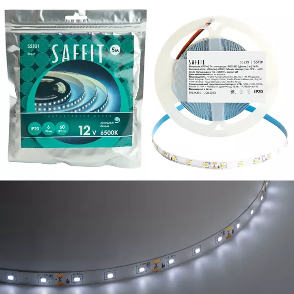 Светодиодная лента Saffit SST01 12В 6Вт/м 6500К 5м IP20 55239