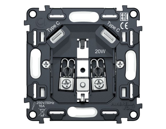 Механизм электрической розетки 2USB С+C 20W (быстрая зарядка) с/з на винтовых зажимах 16A-250V QUANT Ambrella Volt VM165