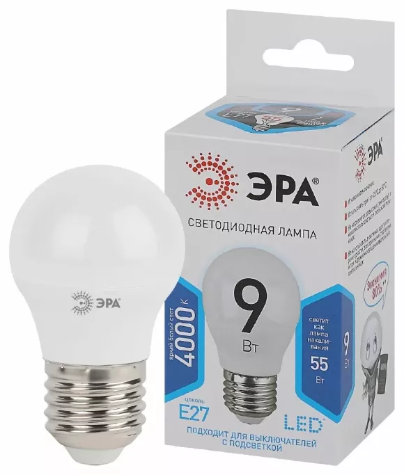 Лампа светодиодная Эра E27 9W 4000K LED P45-9W-840-E27 Б0029044, Нейтральный белый, Россия