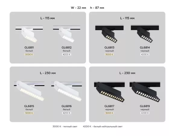 Трековый однофазный светильник Ambrella Light Track System GL6817, светодиодный модуль