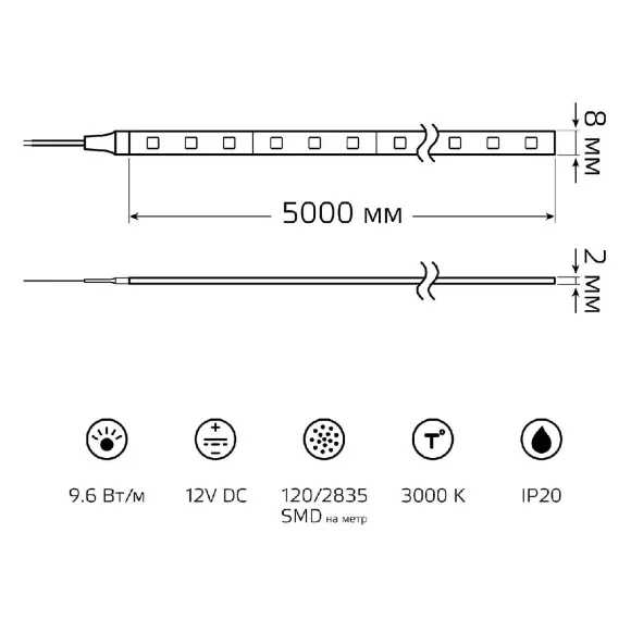 Светодиодная лента Gauss 9,6W/m 120LED/m 2835SMD теплый белый 5M 312000110 Светодиодная лента Gauss 9,6W/m 120LED/m 2835SMD теплый белый 5M 312000110