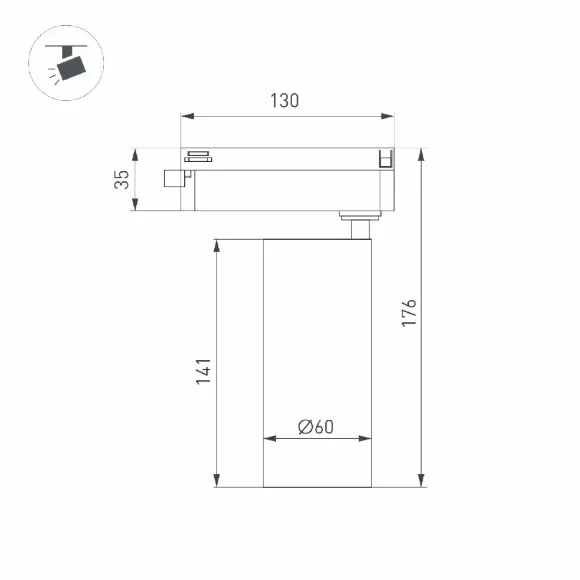 Схема размеров трековый однофазный светильник Arlight LGD-GERA-2TR-R60-15W Warm3000 (BK, 36 deg, 230V) 055067 Схема размеров трековый однофазный светильник Arlight LGD-GERA-2TR-R60-15W Warm3000 (BK, 36 deg, 230V) 055067