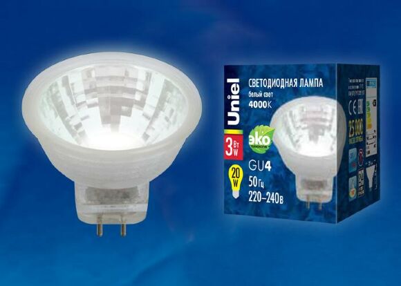 Лампа светодиодная (UL-00001702) Uniel GU4 3W 3000K прозрачная LED-MR11-3W/WW/GU4/220V GLZ21TR Лампа светодиодная (UL-00001702) Uniel GU4 3W 3000K прозрачная LED-MR11-3W/WW/GU4/220V GLZ21TR