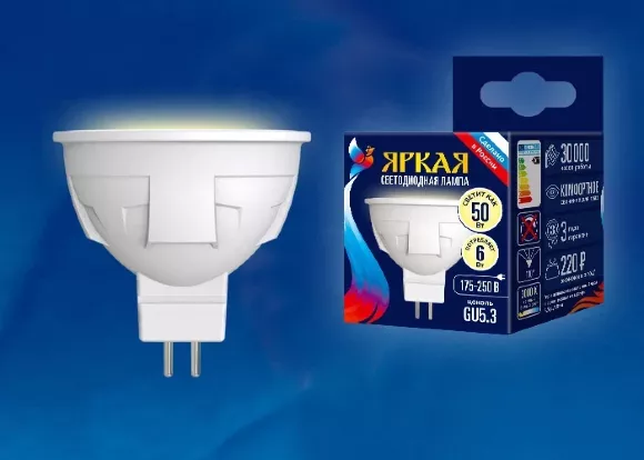 Лампа светодиодная (UL-00002424) Uniel GU5.3 6W 3000K матовая LED-JCDR 6W/WW/GU5.3/FR PLP01WH, Теплый белый, Китай