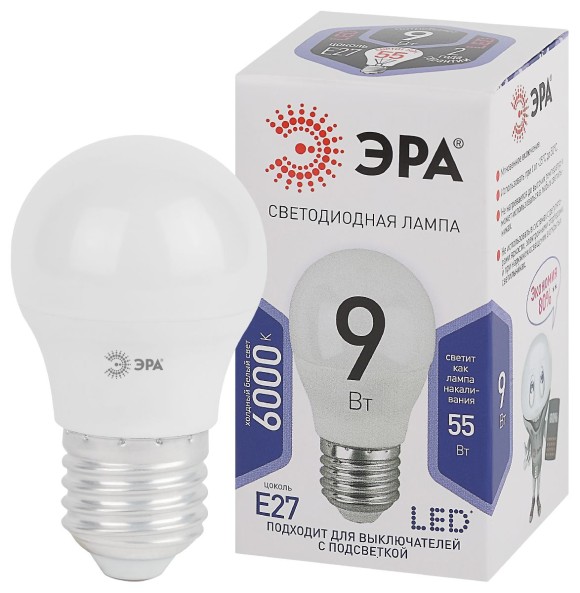 Лампа светодиодная Эра E27 9W 6000K LED P45-9W-860-E27 Б0031412