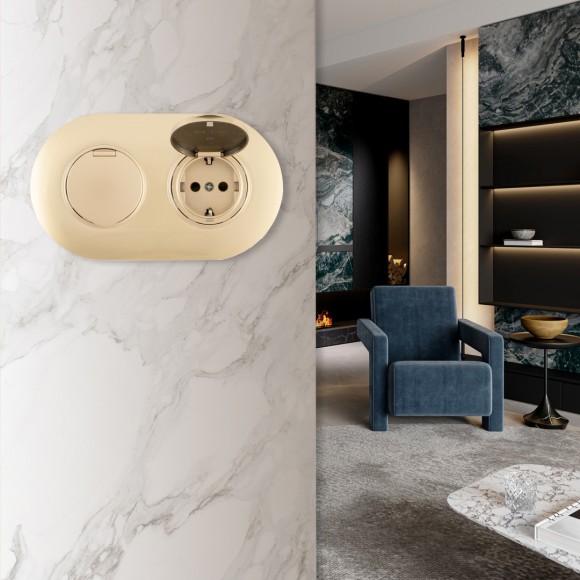 Круглая розетка двойная (двухпостовая) с/з и шторками Arte Milano SET08-2-41-1x2 shampan