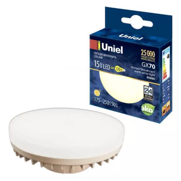 Лампа светодиодная Uniel (UL-00006782) GX70 15W 3000K таблетка матовая LED-GX70-15W/3000K/GX70/FR PLZ01WH