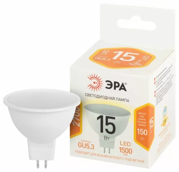 Лампа светодиодная Эра STD LED MR16-15W-827-GU5.3 2700K, Теплый белый, Россия Лампа светодиодная Эра STD LED MR16-15W-827-GU5.3 2700K, Теплый белый, Россия