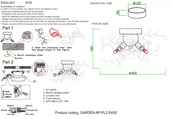 Настенный светильник Crystal Lux GARDEN AP-PL3 D400 GOLD, Современный, Золото