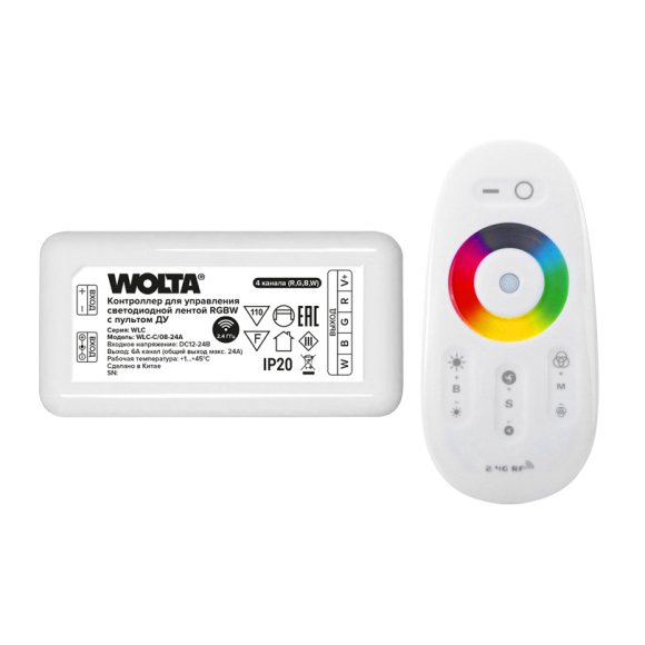 Контроллер 4-канальный для светодиодной ленты RGBW 12-24В, 24А с пультом RF2.4ГГц WOLTA WLC-C/08-24A