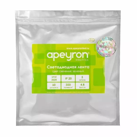 Светодиодная лента Apeyron 12В 3528 4,8Вт/м зеленый 5м IP20 00-434 Светодиодная лента Apeyron 12В 3528 4,8Вт/м зеленый 5м IP20 00-434