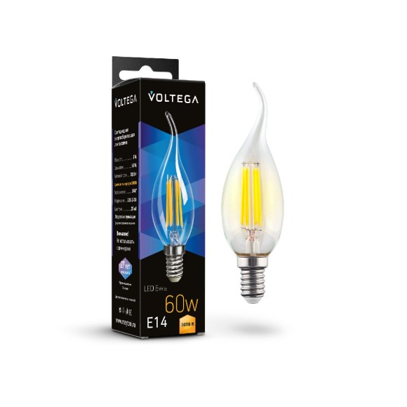 Лампа светодиодная филаментная Voltega E14 6W 3000K свеча на ветру прозрачная 7209
