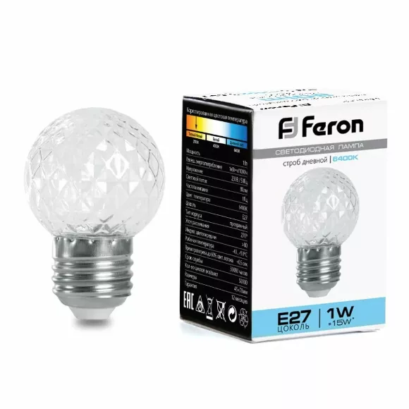 Лампа-строб Feron LB-377 Шарик прозрачный E27 1W 6400K 38220 Лампа-строб Feron LB-377 Шарик прозрачный E27 1W 6400K 38220
